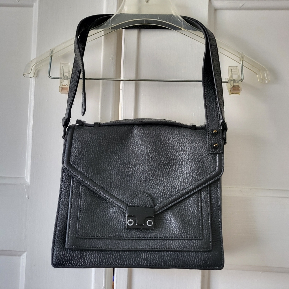 Loeffler Randall 'Medium Rider' Leather Satchel Black Pebbled Envelope Crossbody